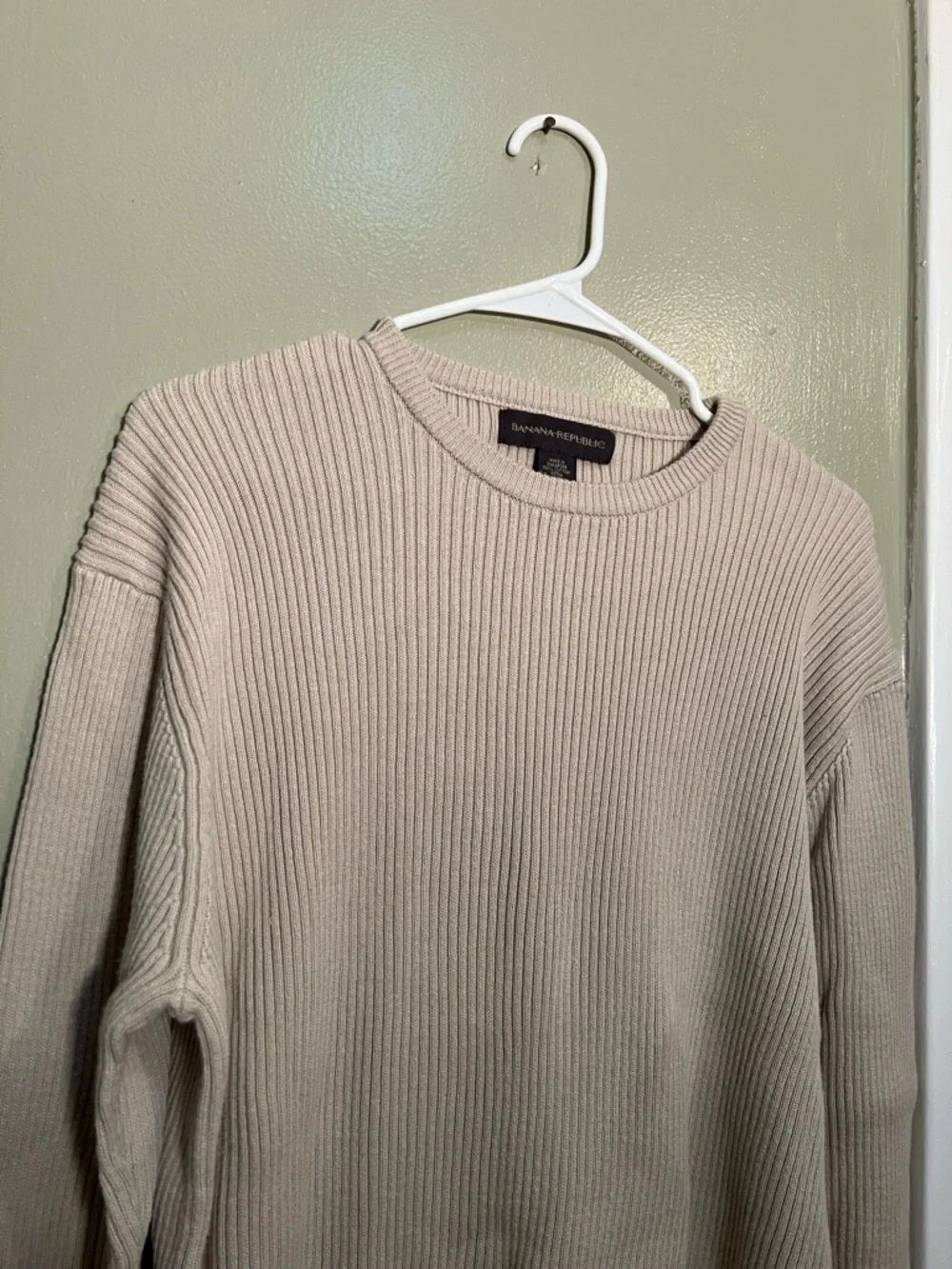 Vintage Banana Republic Men's Sz Large Crewneck T-Shirt Beige Ribbed Long Sleeve